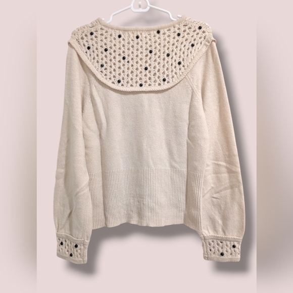 Anthropologie Cream Wool Cashmere Blend Black Pearl Sweater Cottagecore Grandma - Picture 2 of 12